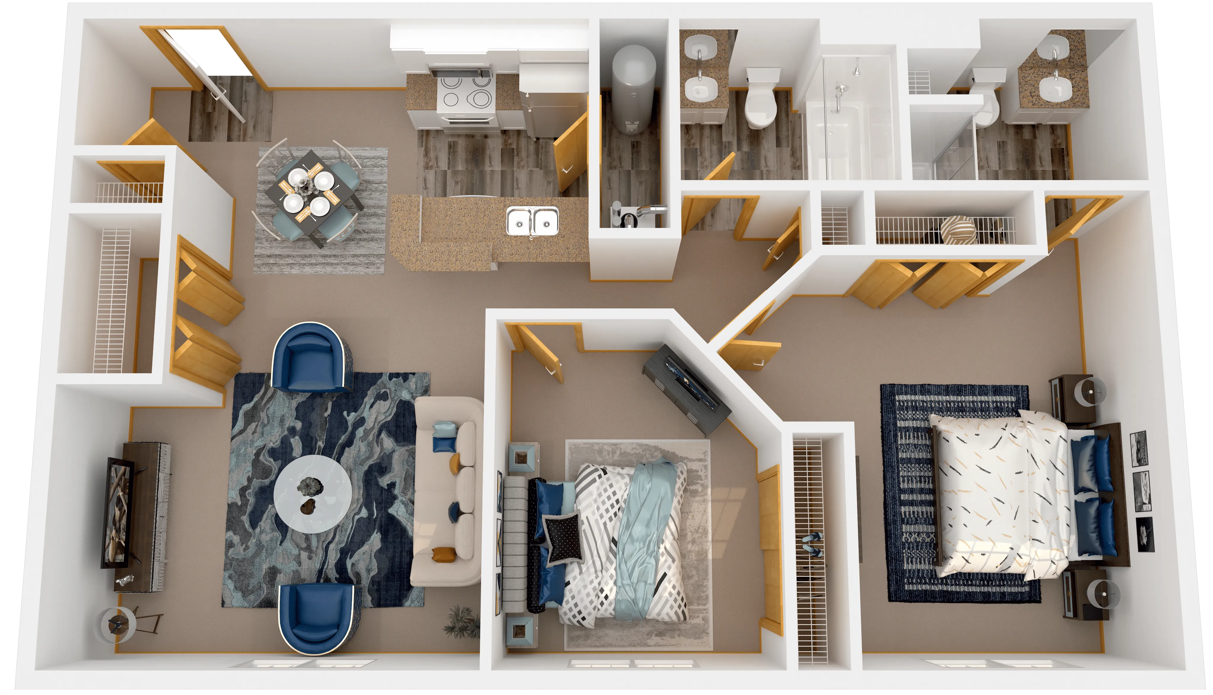 Modern 2D floor plan showcasing a stylish apartment with 2 spacious bedrooms, a cozy living area, sleek kitchen, and well-equipped bathroom.