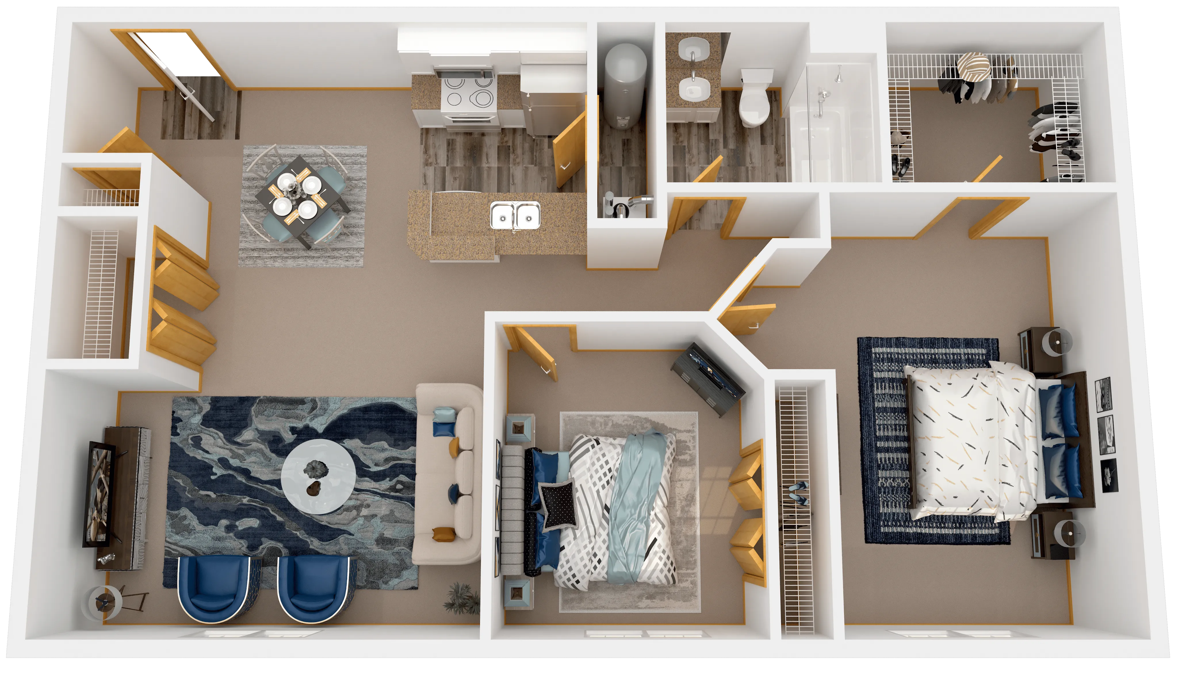 Modern 3D floor plan displaying a welcoming apartment layout with two spacious bedrooms, an open living area, stylish kitchen, and cozy dining space.