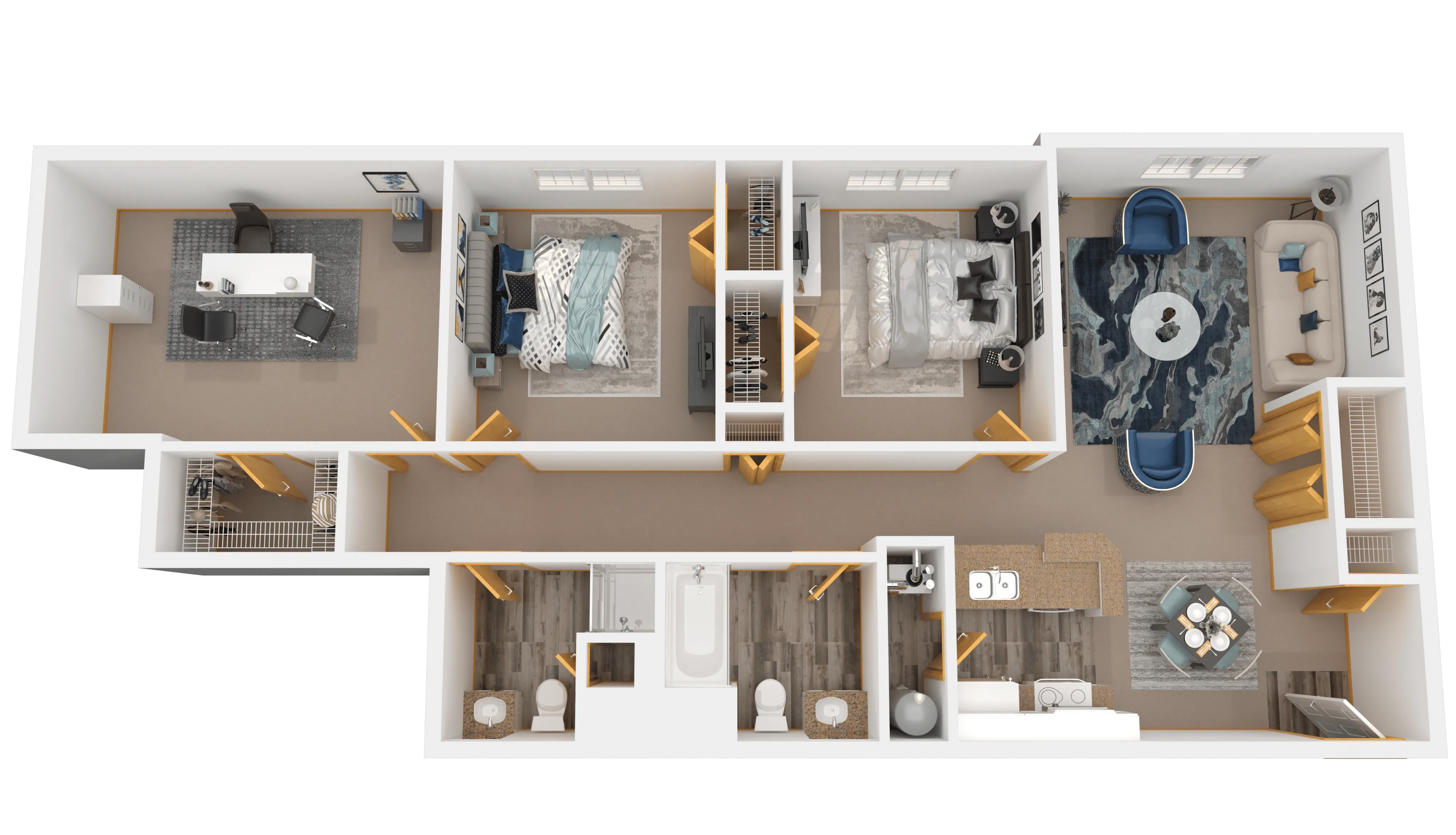 Contemporary 3D floor plan showcasing 2 bedrooms, a home office, elegant living area, and modern kitchen with dining space.