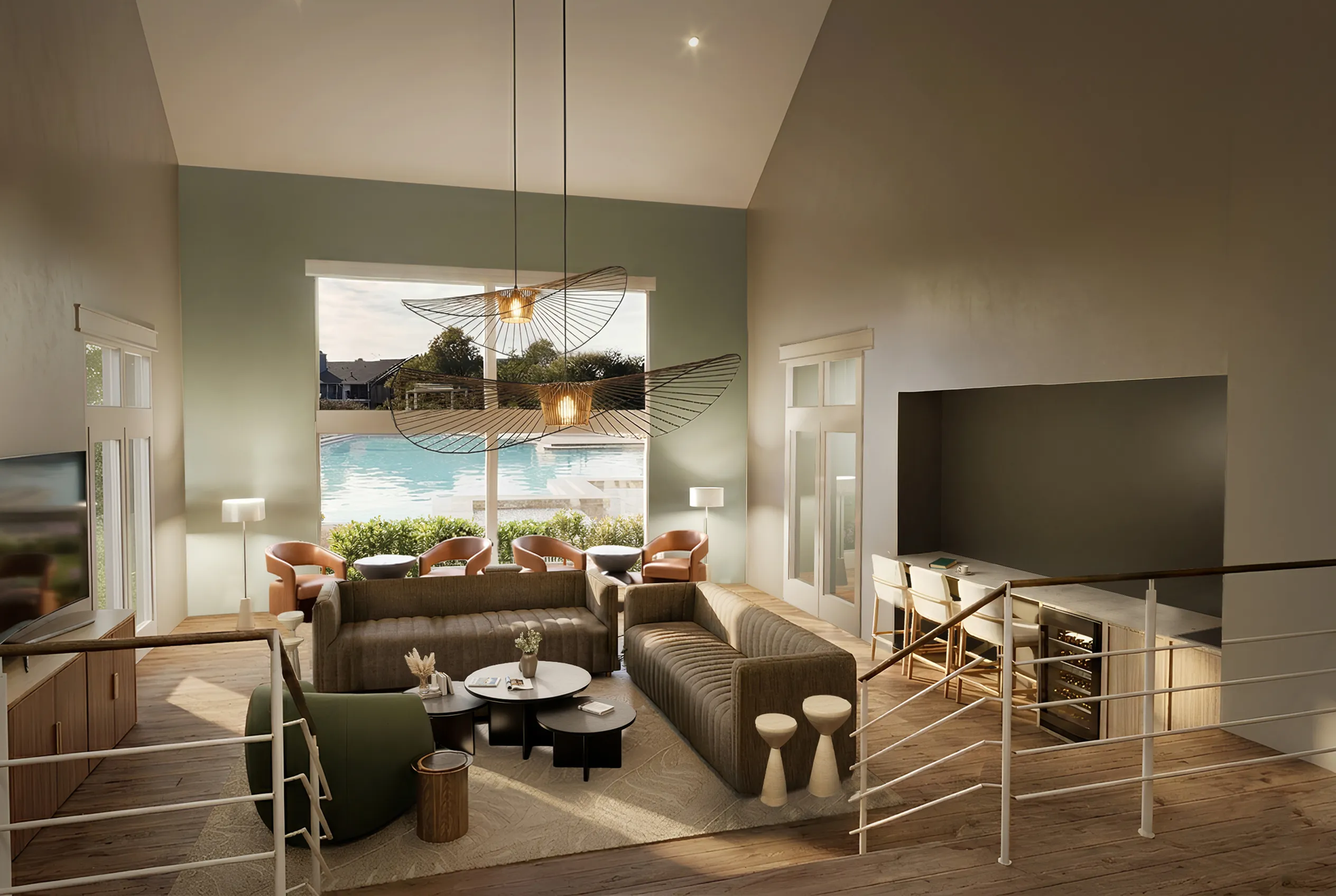 Luxurious open-plan living room with stylish decor and floor-to-ceiling windows overlooking a serene pool.