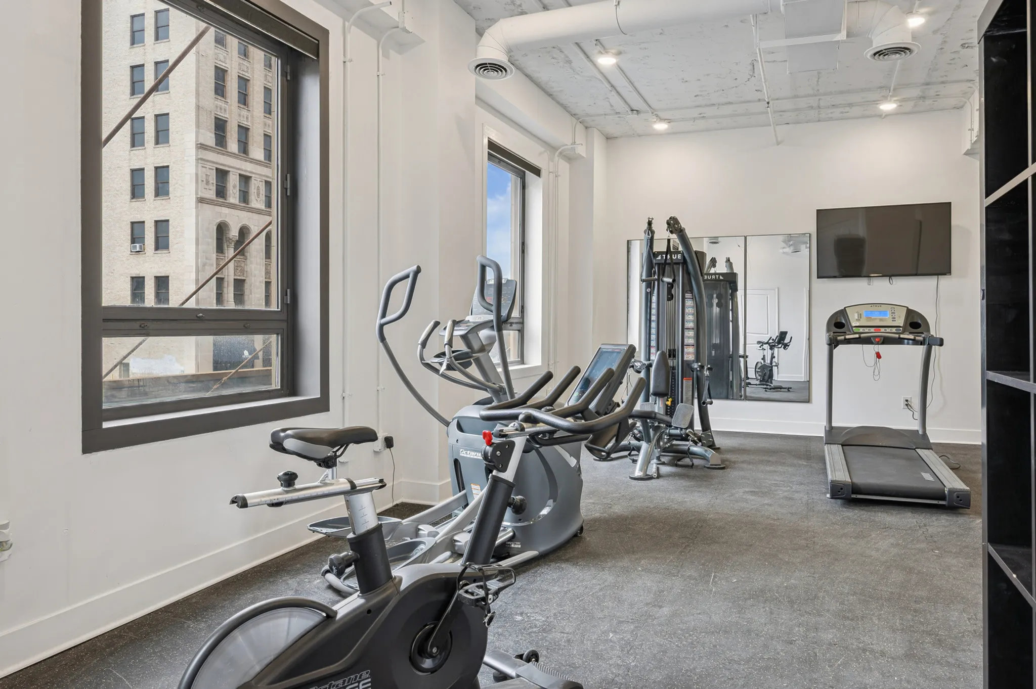 Modern apartment gym with large windows, featuring cardio machines, strength equipment, and a wall-mounted TV.