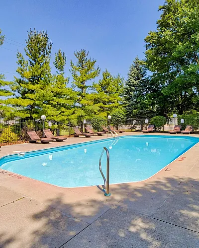 Inviting outdoor swimming pool surrounded by lush greenery and sun loungers.
