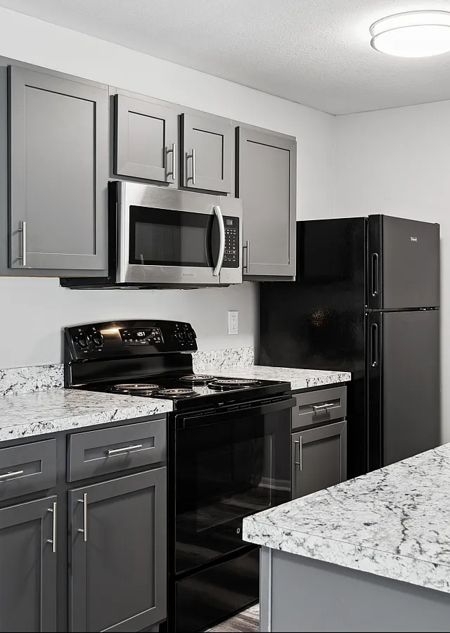 Modern kitchen with sleek gray cabinetry, granite countertops, stainless steel appliances, and a double sink.