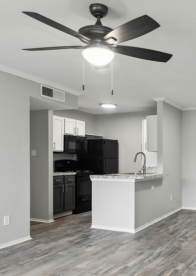 Sleek open kitchen with dark appliances and adjoining spacious living area showcasing a modern ceiling fan.