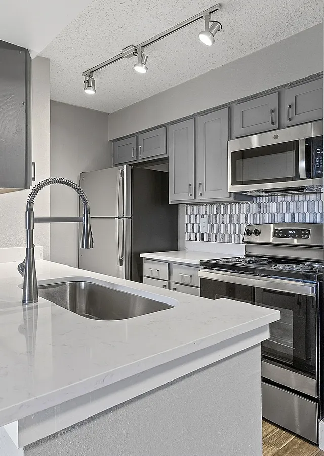 Modern kitchen with sleek stainless steel appliances, stylish backsplash, and elegant quartz countertops.