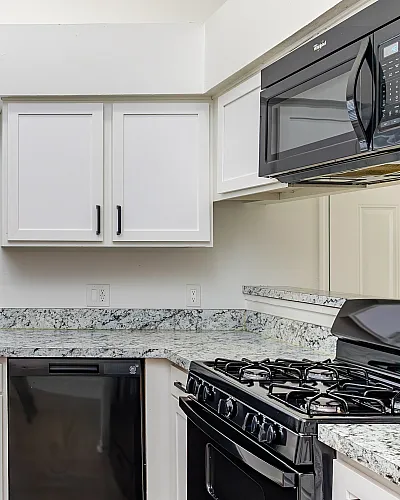 Chic modern kitchen with sleek black appliances, granite countertops, and elegant white cabinetry.