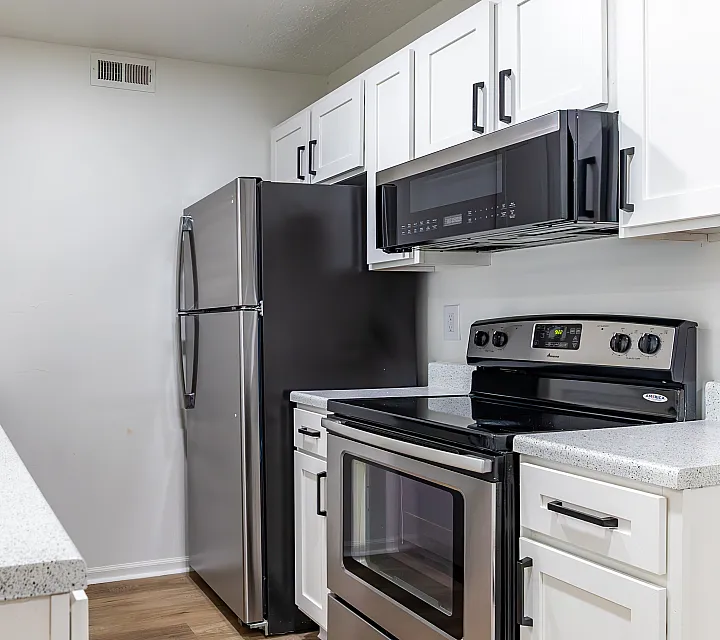 Modern kitchen with sleek stainless steel appliances, elegant white cabinetry, and stylish granite countertops.