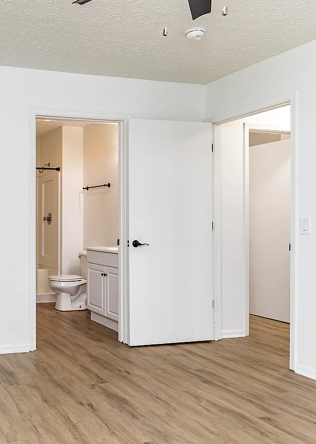 Modern apartment with sleek hardwood floors, spacious walk-in closet, and a contemporary bathroom.