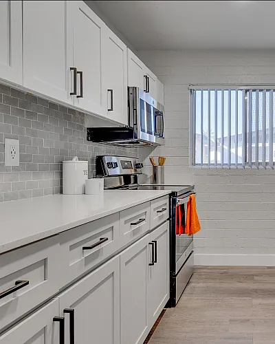 Modern kitchen design with sleek stainless steel appliances, bright white cabinetry, and a sunlit window view.