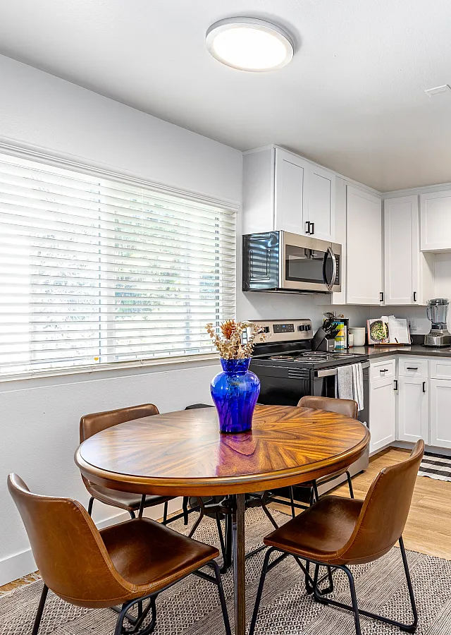 Modern kitchen with sleek stainless steel appliances, elegant dining set, and abundant natural light.