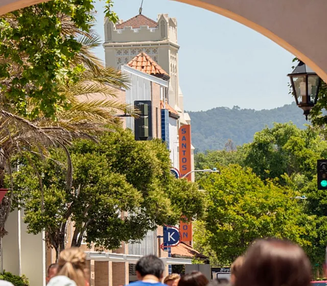 Charming urban scene with lush greenery and historic architecture under a sunny sky, seen through a stylish archway in San Leandro.