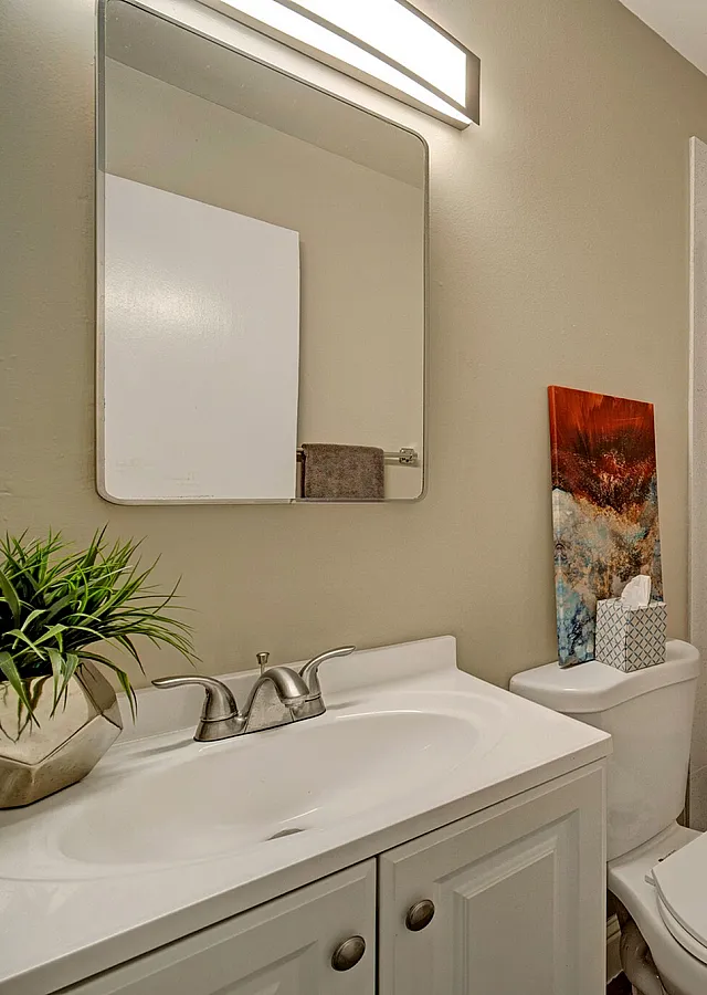 Modern bathroom with elegant vanity, stylish lighting, and chic patterned shower curtain for a sleek look.