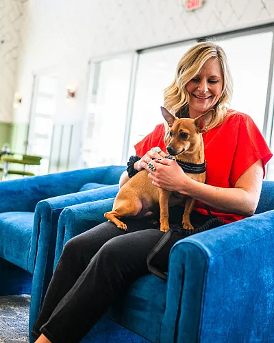 Bright and welcoming living space with stylish blue armchair and cozy atmosphere, featuring a smiling person enjoying time with a small dog.