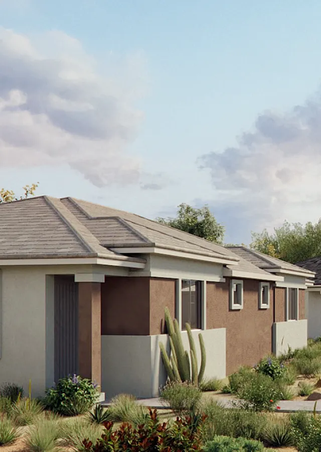 Charming suburban neighborhood with modern single-story homes, lush landscaping, and a serene sunset backdrop.