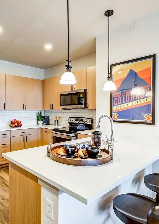 Bright and modern kitchen with sleek stainless steel appliances, elegant pendant lighting, and a cozy breakfast bar with stylish stools.