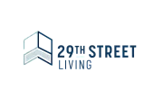 Modern logo for 29th Street Living featuring a minimalistic geometric design in blue and white, emblematic of stylish urban living.