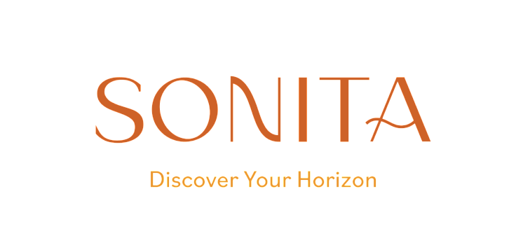 Elegant logo for Sonita with the tagline 'Discover Your Horizon' in sophisticated orange lettering on a black background.