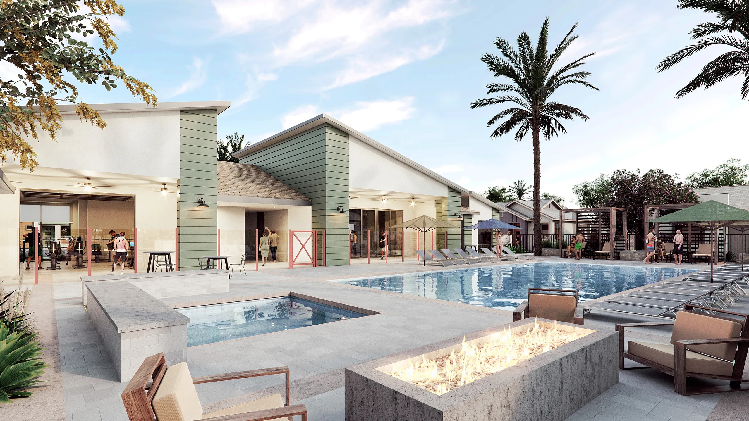 Luxurious poolside oasis with modern amenities, stylish seating, and inviting fire pit under a bright blue sky.