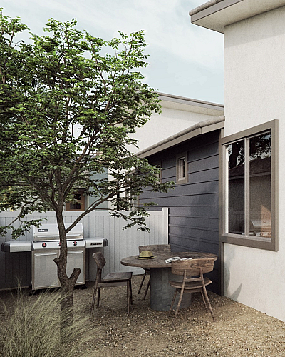 Charming outdoor patio featuring cozy seating, rustic wooden table with chairs, and a modern barbecue grill, all set in a serene garden ambiance.