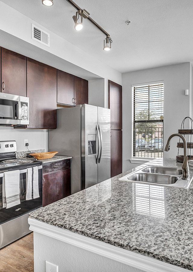 Modern kitchen with sleek granite countertops, stainless steel appliances, and ample natural light in a stylish apartment.