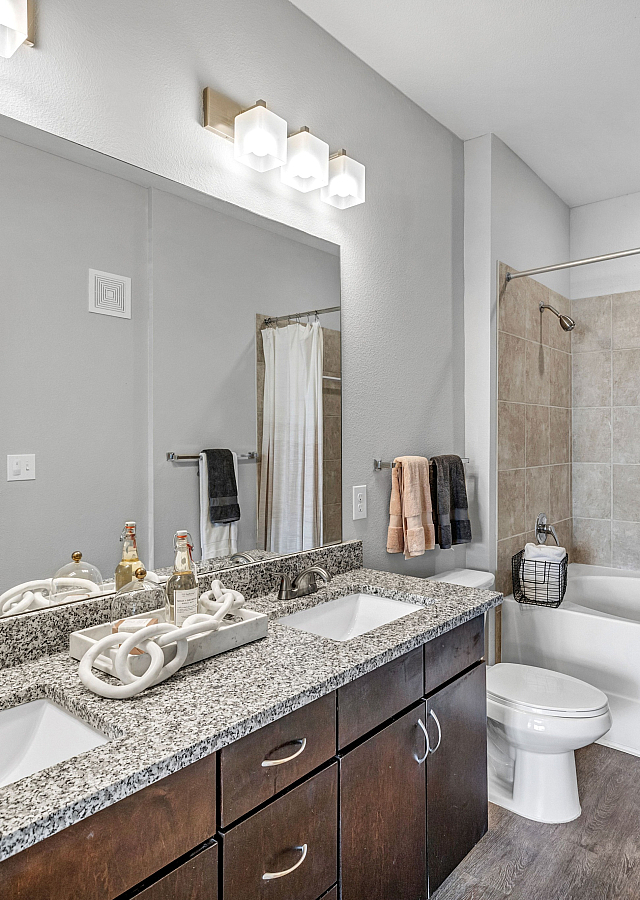 Modern bathroom with double vanity, granite countertop, and elegant lighting, featuring a cozy bathtub and chic decor.