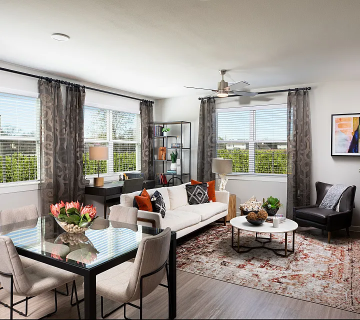 Bright and elegant living room with large windows, stylish furnishings, and a cozy rug creating a welcoming atmosphere.