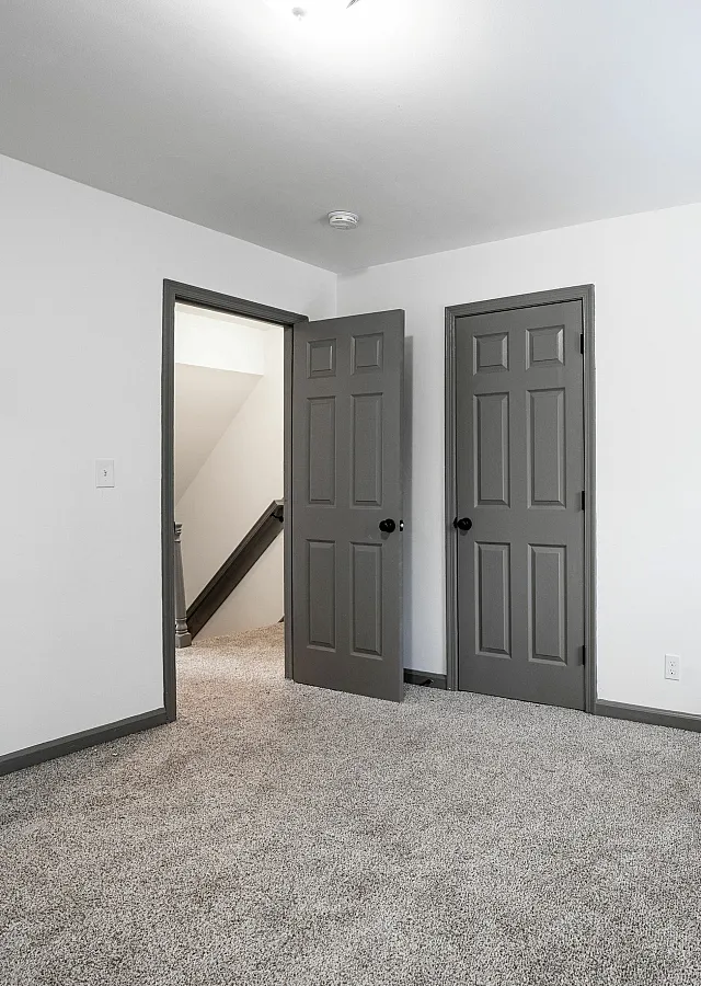 Bright and airy room featuring plush carpeting, modern gray doors, and natural light streaming through a window with blinds.