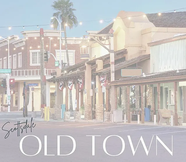 Charming view of Old Town Scottsdale with rustic architecture, string lights, and a tranquil street scene.
