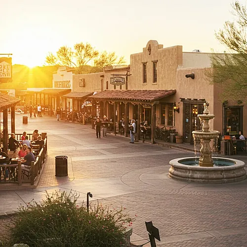 Charming sunset view of a lively pedestrian street with rustic architecture and outdoor dining, centered around a beautiful fountain.