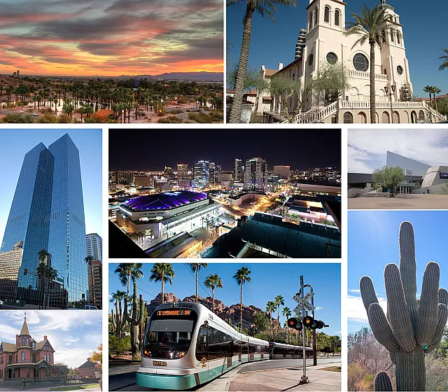 Vibrant collage showcasing Arizona's stunning desert landscapes, modern skyline, historic architecture, and serene sunsets, offering a glimpse of cultural charm and urban beauty.