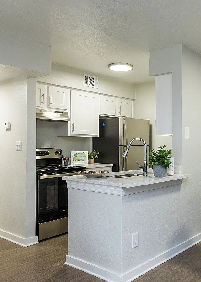 Chic apartment interior featuring a modern kitchen with stainless steel appliances and elegant dining area with stylish chairs.
