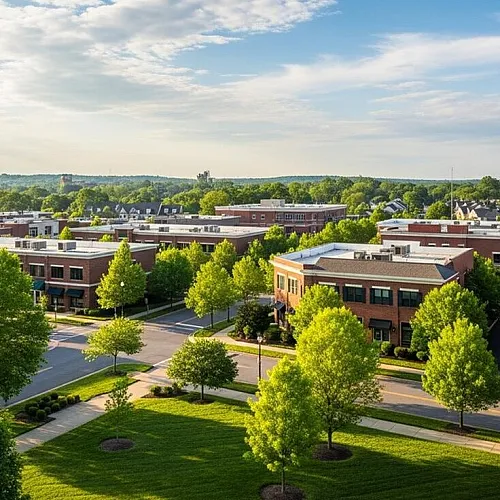 Charming suburban neighborhood with tree-lined streets, modern brick buildings, and lush green spaces under a sunny sky.