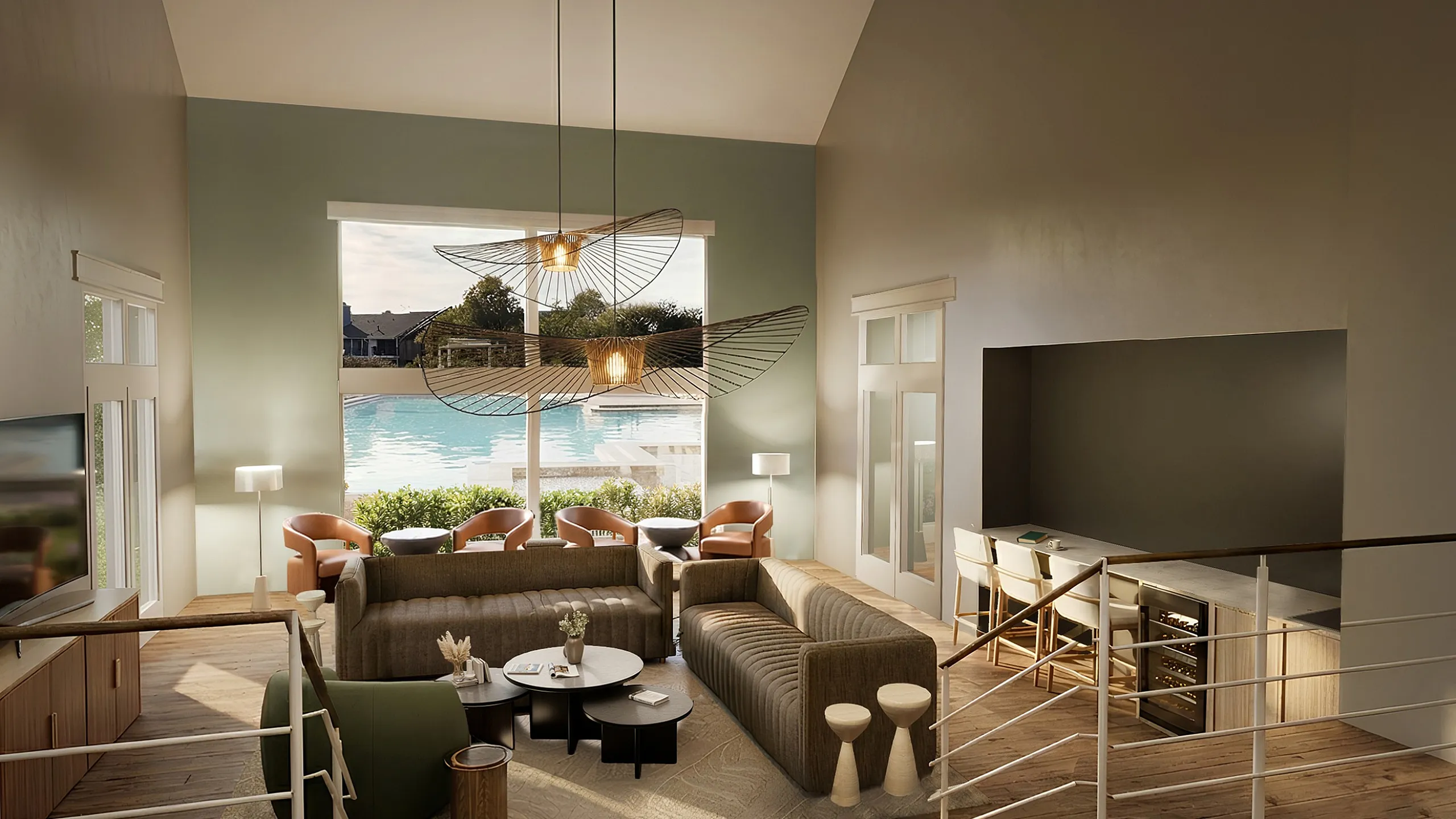 Luxurious living room with high ceilings, modern decor, and expansive windows offering a stunning pool view.
