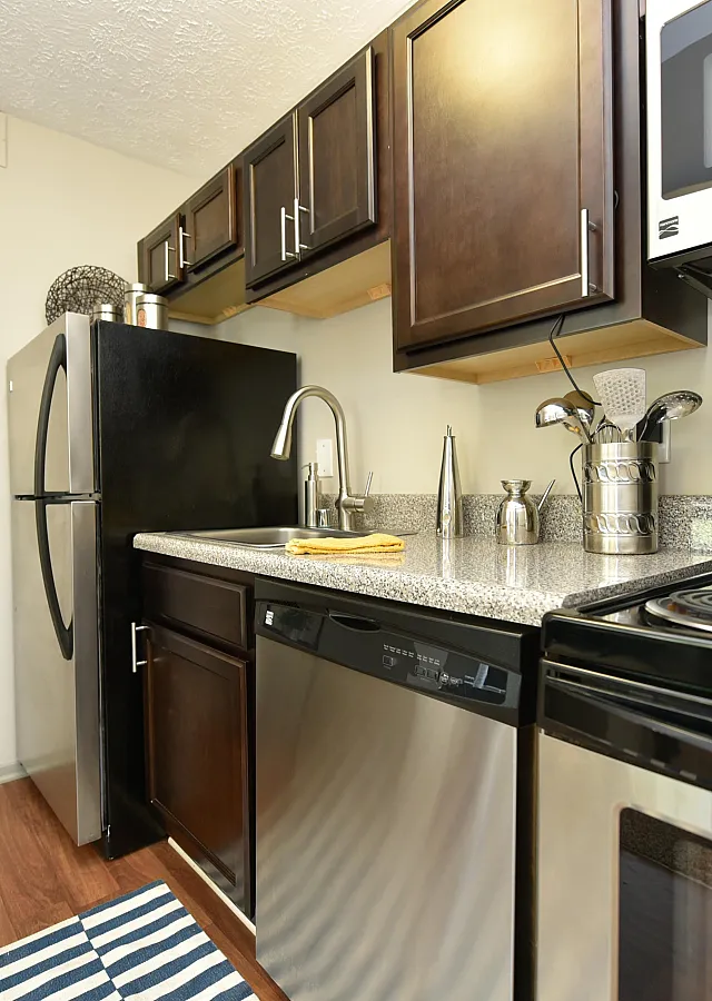 Modern kitchen with sleek dark cabinets, stainless steel appliances, and a compact layout perfect for stylish living.