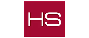 Bold logo design with HS initials in white on a rich red background.