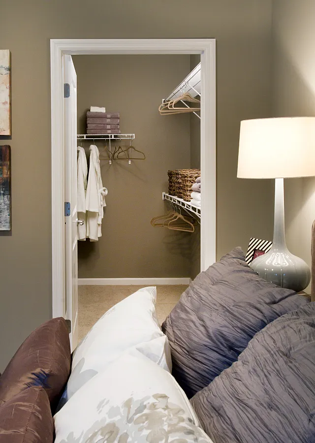 Cozy bedroom corner with plush pillows and a softly lit lamp, leading to a well-organized walk-in closet with ample storage space.