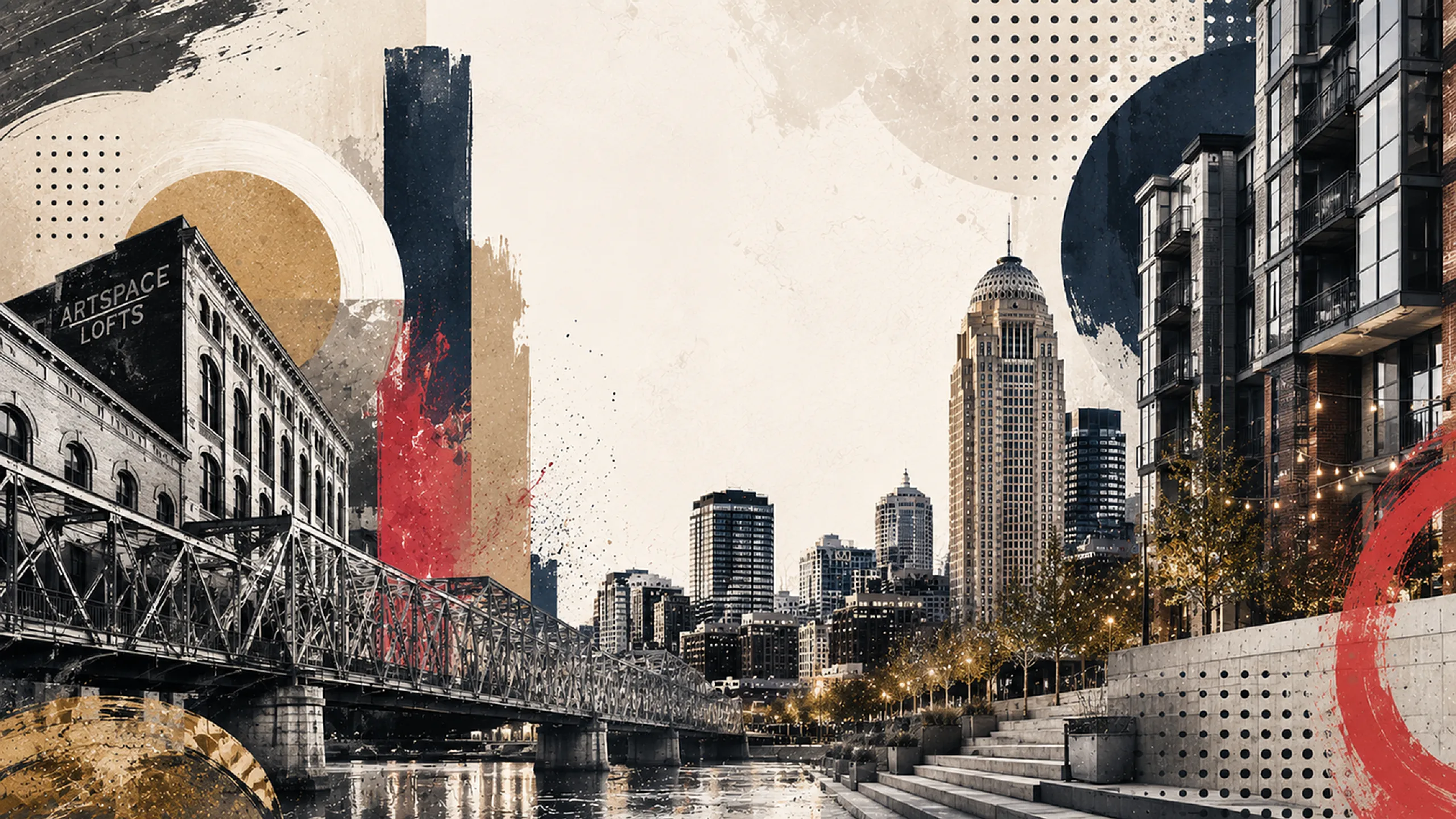 Artistic cityscape featuring the iconic Artspace Lofts, vibrant urban design, and modern high-rise buildings along a serene riverfront.