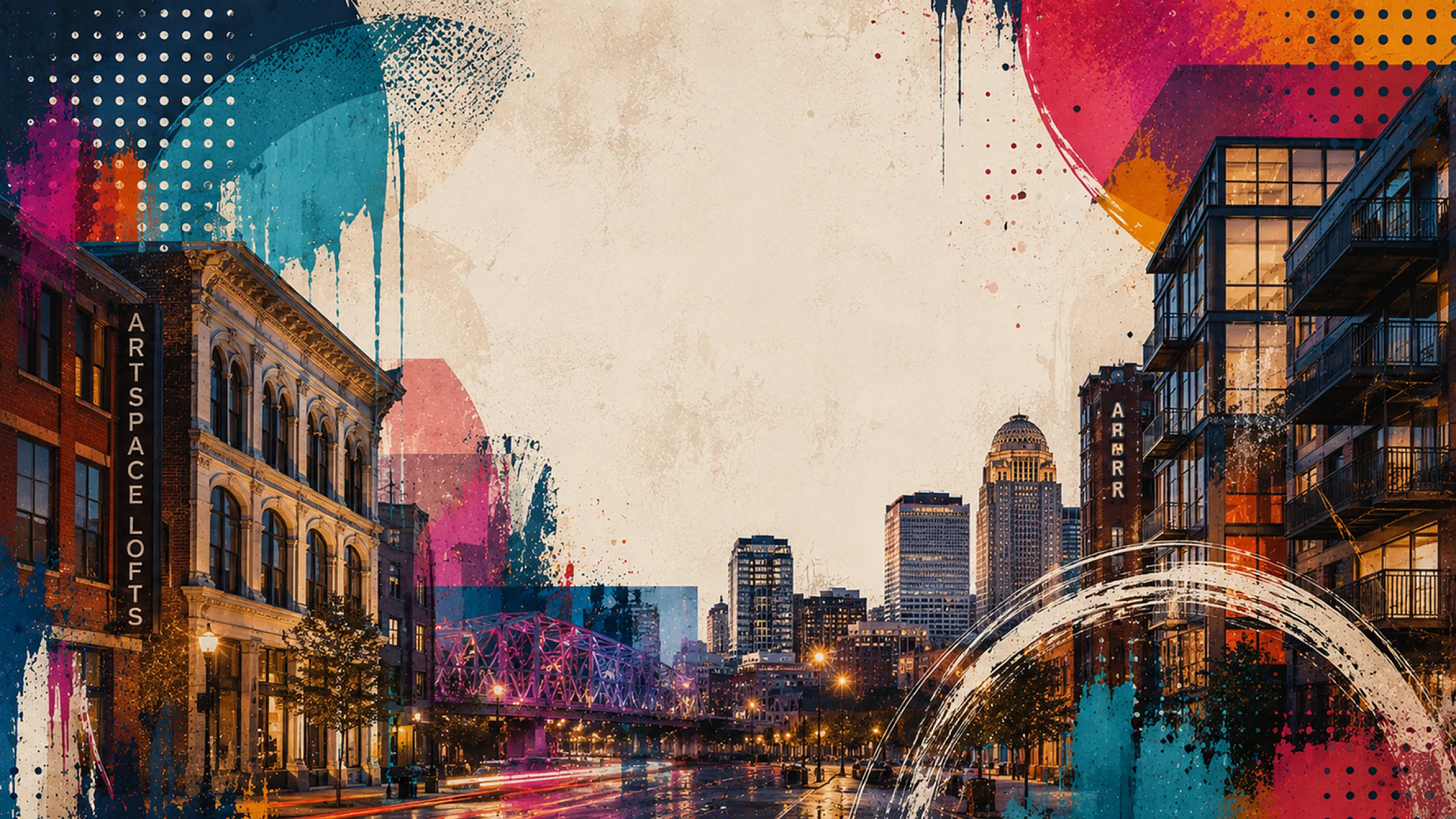 Vibrant urban scene featuring modern loft buildings and bustling city skyline, artistically accentuated with colorful abstract designs.