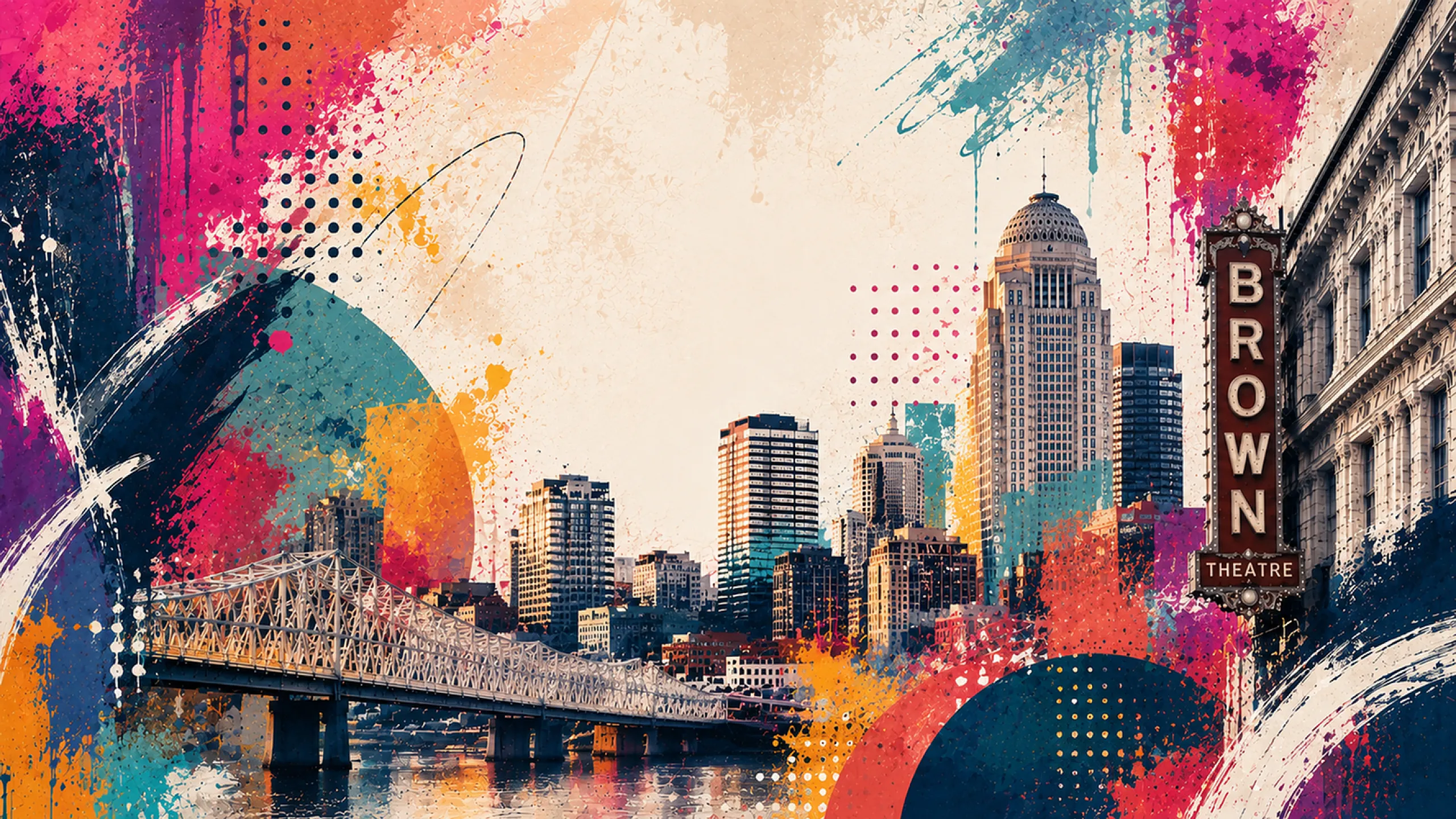 Vibrant cityscape blending urban architecture with colorful abstract art, featuring a bridge, skyscrapers, and a theater sign.