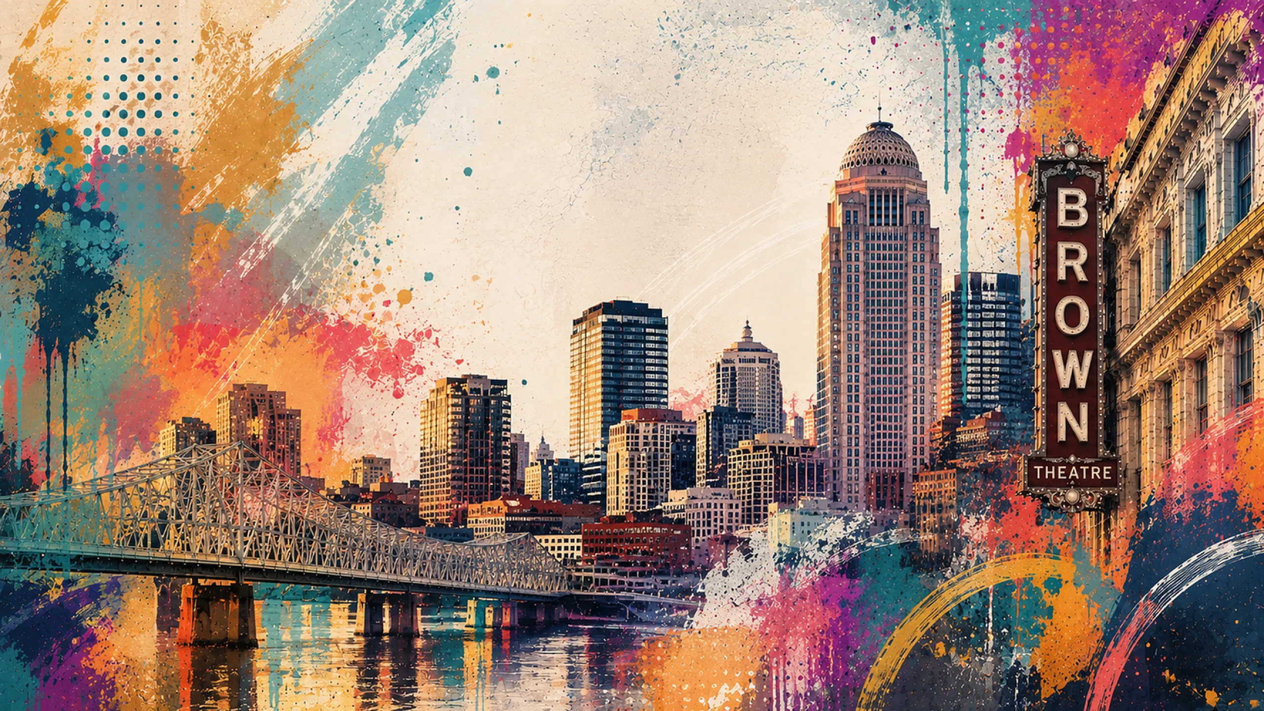 Vibrant artistic cityscape featuring dynamic skyline, iconic theater sign, and colorful bridge reflections.