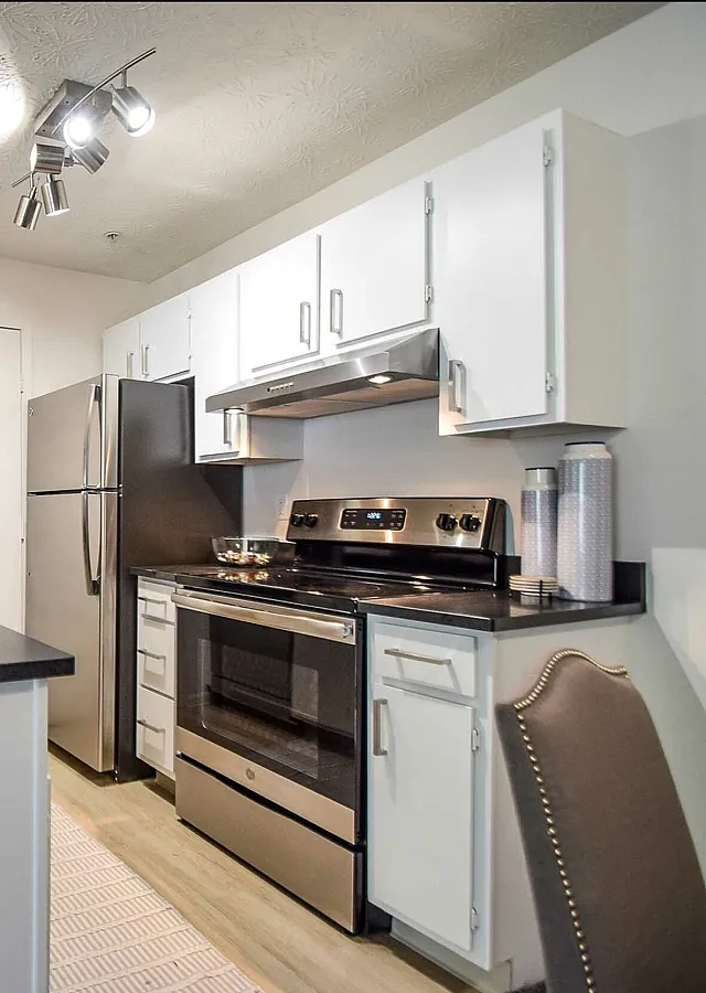 Modern kitchen featuring sleek black countertops, stainless steel appliances, and elegant cabinetry for a stylish culinary experience.