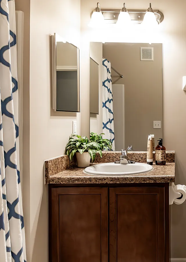 Modern bathroom with elegant vanity, granite countertop, stylish decor, and soft lighting.