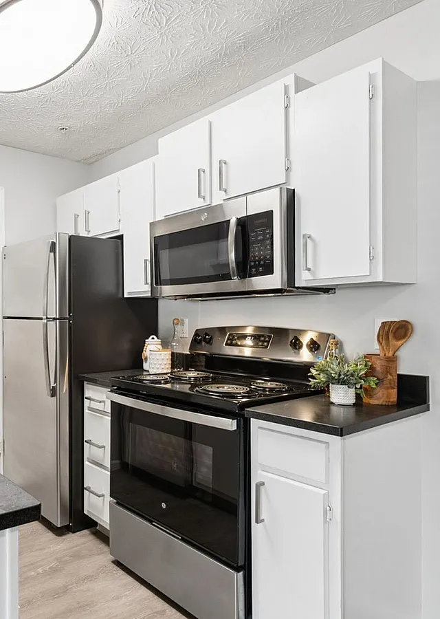 Sleek modern kitchen with stainless steel appliances, white cabinetry, and elegant black countertops.