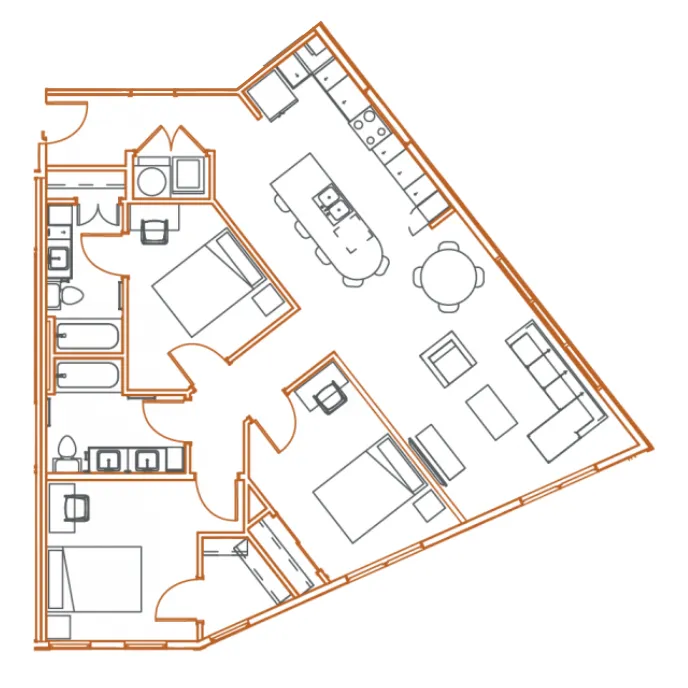 Contemporary floor plan showcasing a unique layout with 2 bedrooms, 2 bathrooms, and an expansive open kitchen-living area featuring modern amenities.