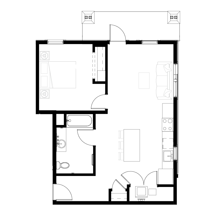 Modern floor plan showcasing 1 bedroom, spacious open-plan living and dining area, and a functional kitchen.