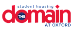 Vibrant logo for The Domain at Oxford student housing, featuring bold red and blue text.