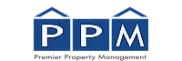 Premier Property Management logo with bold blue and white design elements.