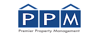 Elegant Premier Property Management logo with a modern design, featuring three blue house icons and bold white lettering.