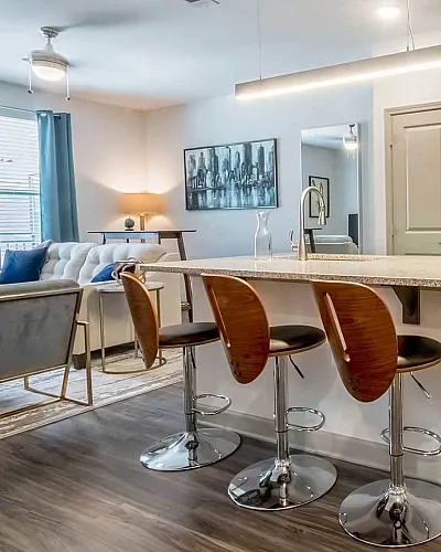 Modern open-concept kitchen and living area featuring sleek cabinetry, stainless steel appliances, and stylish breakfast bar with elegant seating.