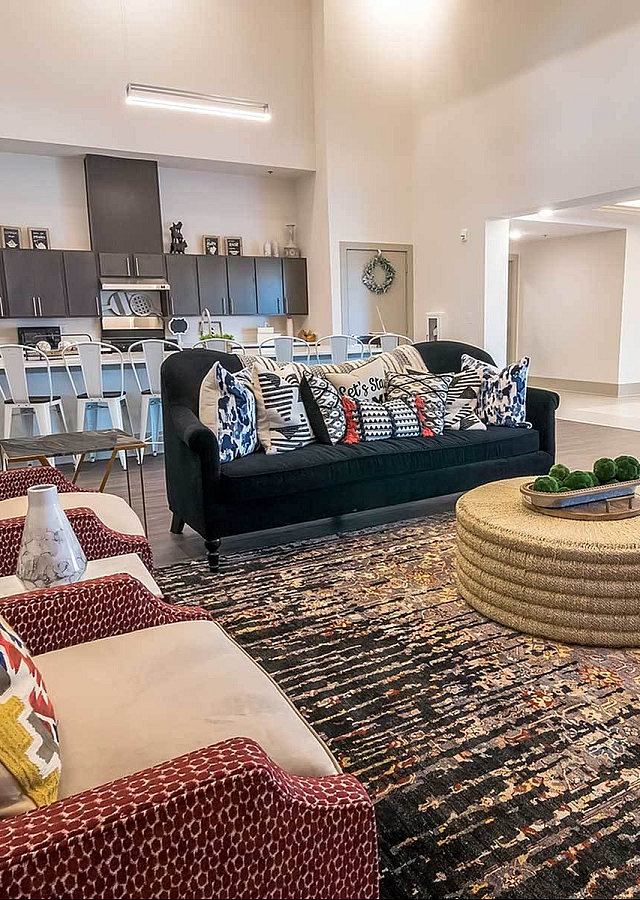 Inviting and spacious lounge area featuring chic seating, a modern kitchen bar, and vibrant decor for a cozy ambiance.